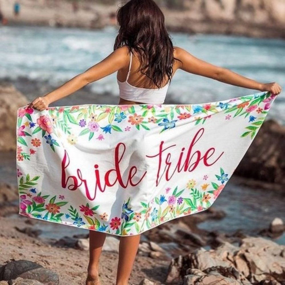 Bride Tribe Floral Beach Towel for Bachelorette, Wedding, Bridal Party